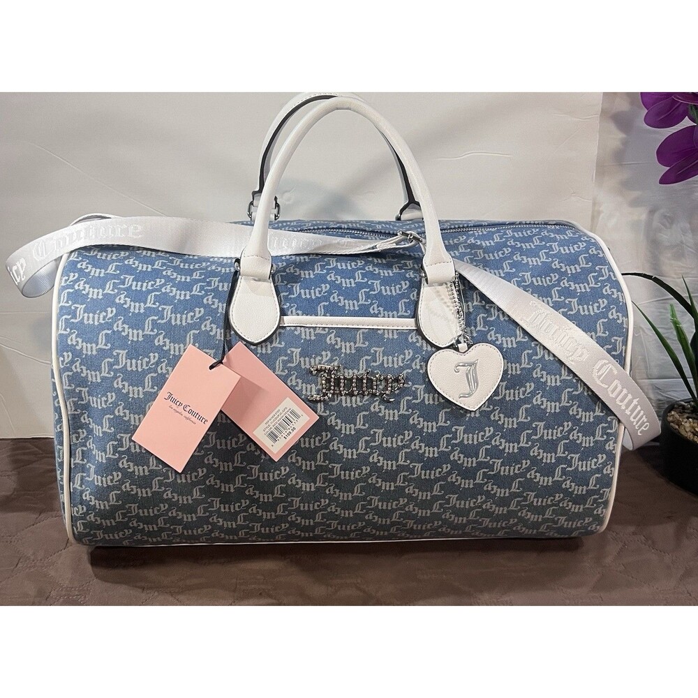 Juicy Couture Denim Logo Duffle Bag Blue White Weekender Travel Bag NWT